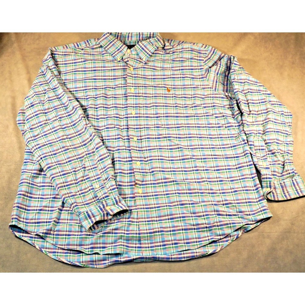Ralph Lauren Shirt Mens 2XL Blue Plaid‎ Long Sleeve Button Down Cotton Casual